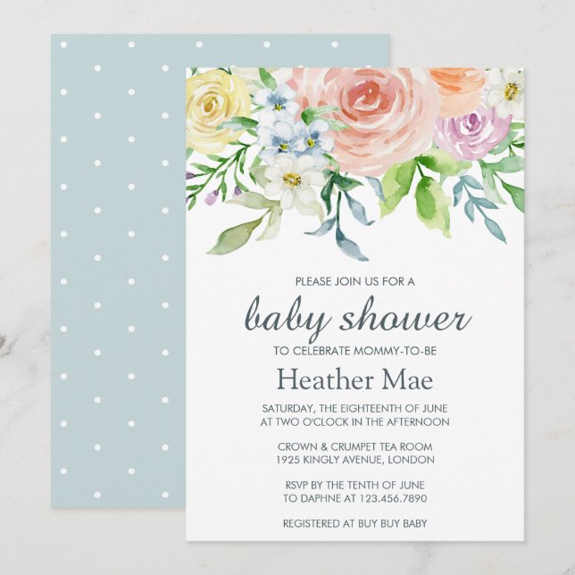 Inbjudan till söt Flowers Baby Shower (Fram/baksida)