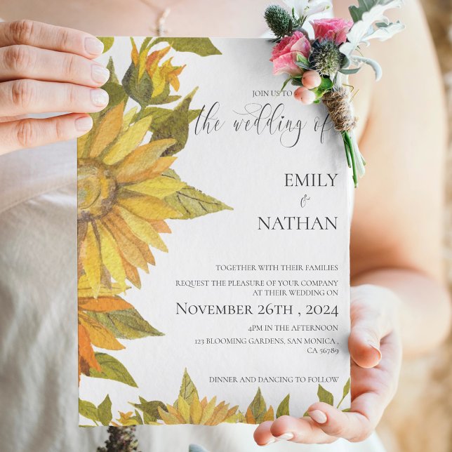 Inbjudan till söt Gult Solrosblommor Blommigt bröl (Pretty Yellow Sunflower Floral Wedding Invitation Postcard)