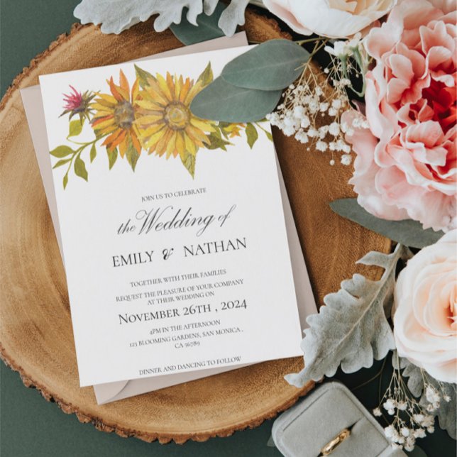 Inbjudan till söt Gult Solrosblommor Blommigt bröl (Pretty Yellow Sunflower Floral Wedding Invitation Postcard)