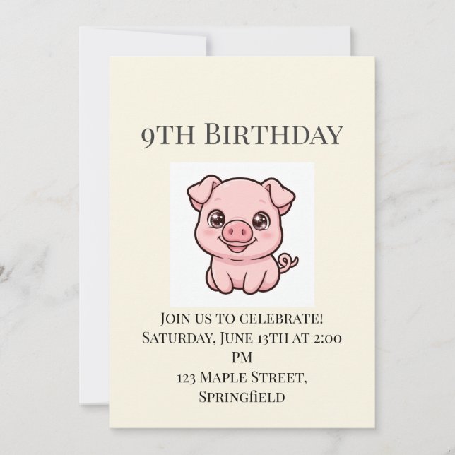 Inbjudan till söt lilla grisens 9-årsdag (Framsida)