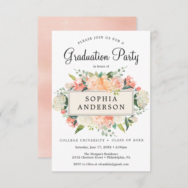 Inbjudan till söt Peach-Studentfest (Fram/baksida)