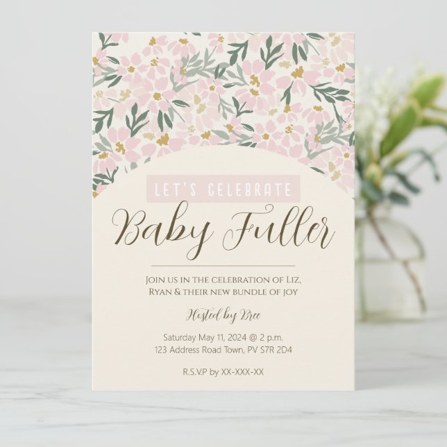 Inbjudan till söt Rosa Blommigt Boho Baby Shower (Stående Fram)