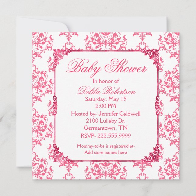 Inbjudan till Söt Rosa Damask Baby Shower (Framsida)