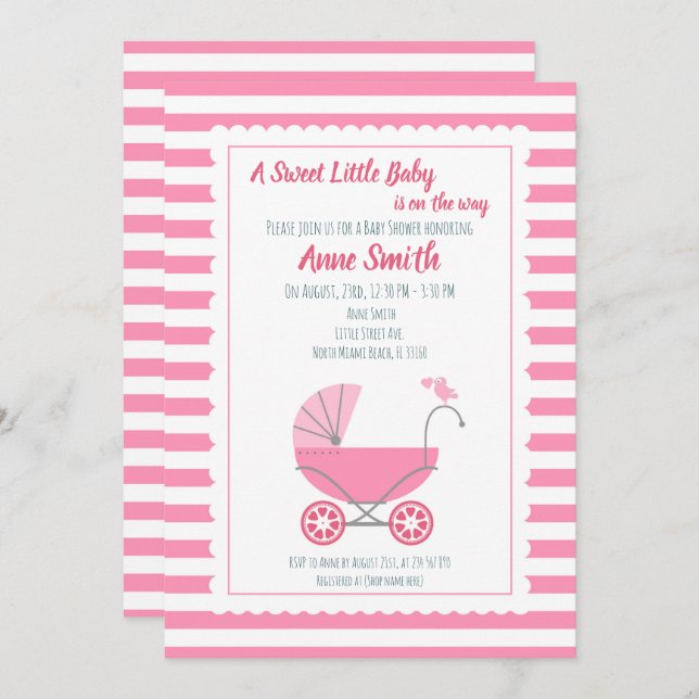 Inbjudan till söt rosa- i Flicka Shower (Fram/baksida)