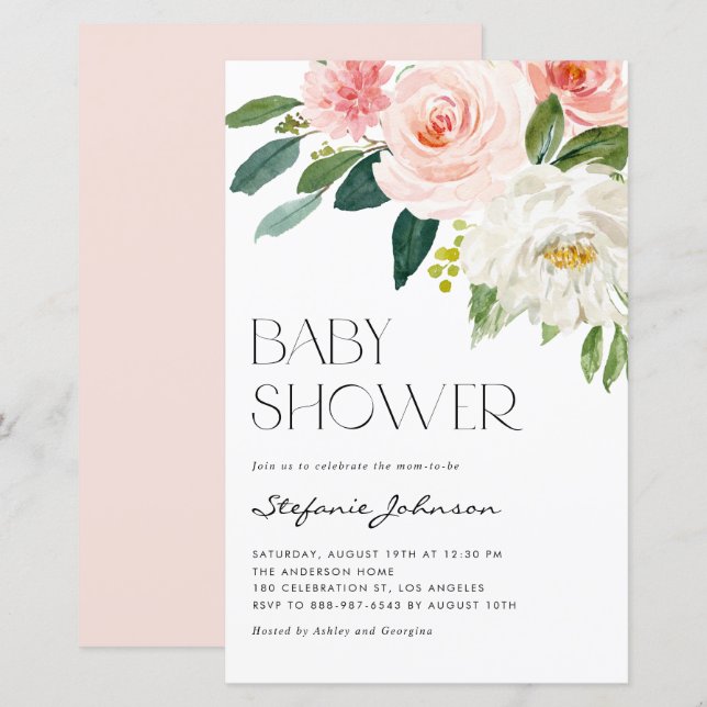 Inbjudan till söt Watercolor Flowers Baby Shower (Fram/baksida)