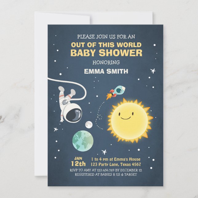 Inbjudan till Space Baby Shower från världen (Framsida)