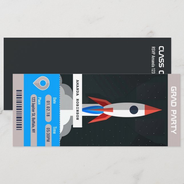 Inbjudan till Space Studentfest Travel Biljett (Fram/baksida)