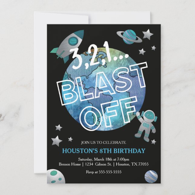 Inbjudan till Space Watercolor Birthday Birthday (Framsida)