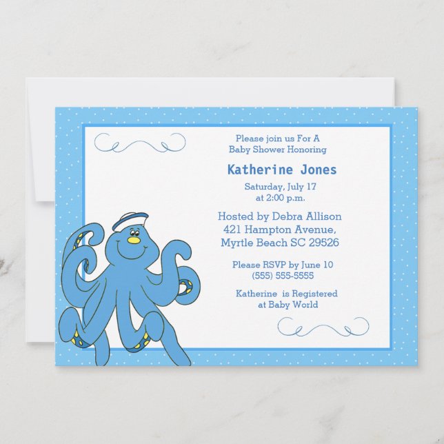 Inbjudan till spädbarnshöljet Cute Blue Octopus (Framsida)