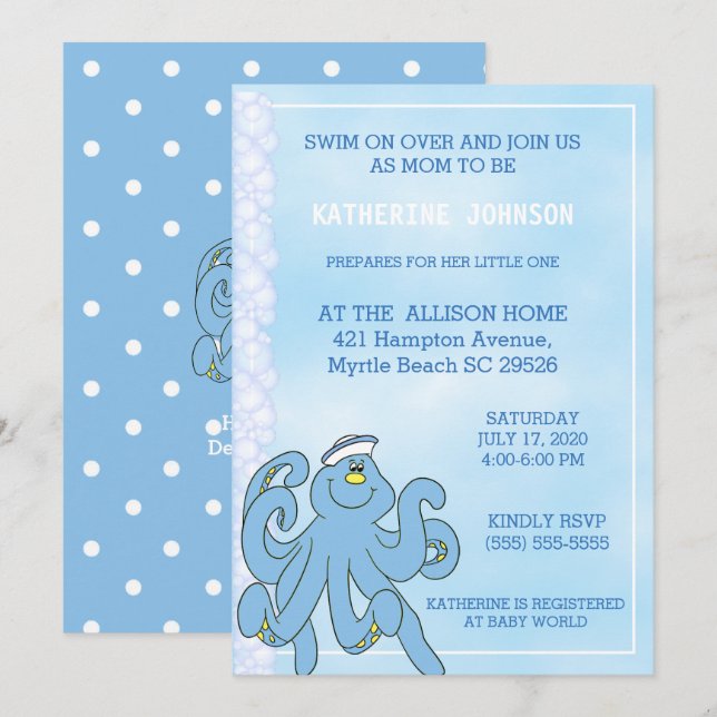 Inbjudan till spädbarnshöljet Cute Blue Octopus (Fram/baksida)