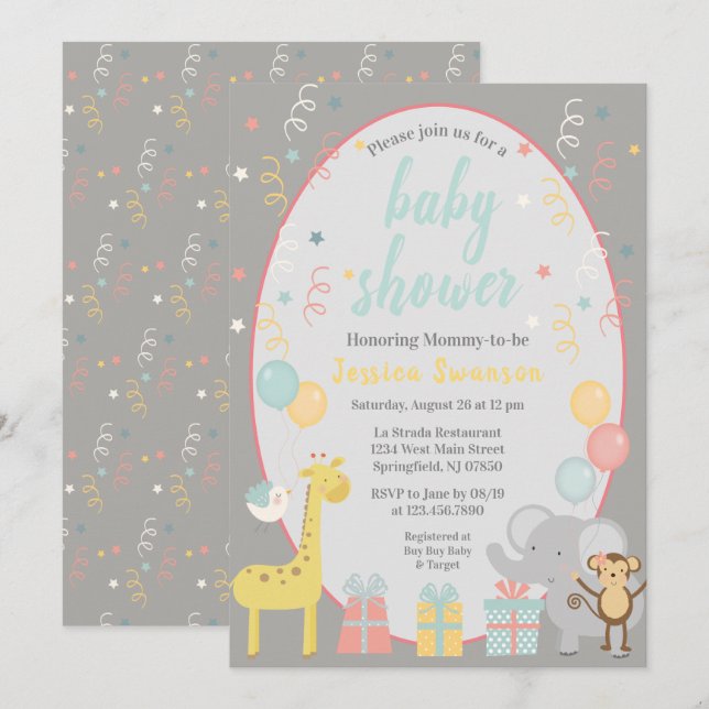 Inbjudan till spädbarnshöljet Cute Party - blått (Fram/baksida)