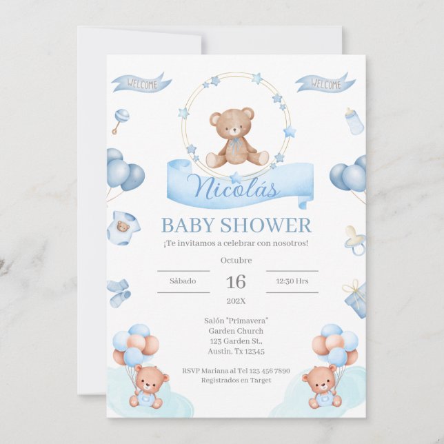 Inbjudan till spanska Blue Bear Baby Shower (Framsida)