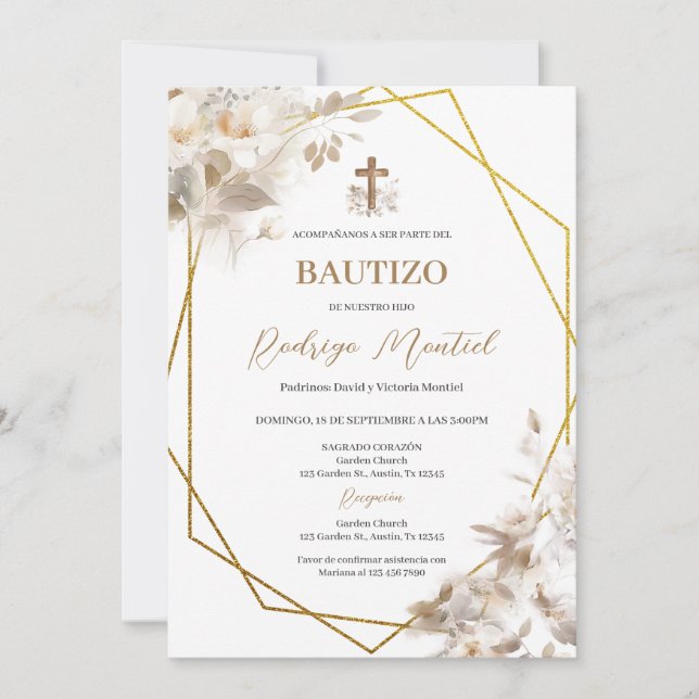 Inbjudan till spanska Boho Baptism-Blommigten (Framsida)