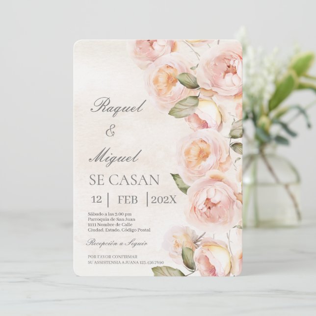 Inbjudan till spanska bröllop med persiko-blommor (Stående Fram)