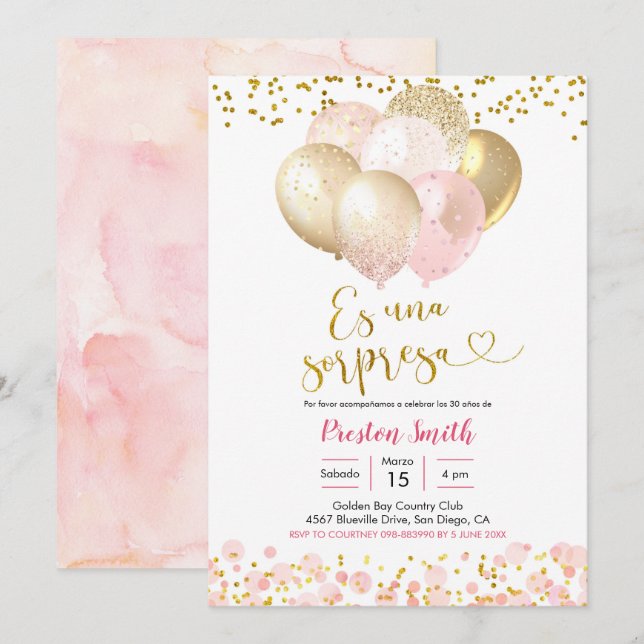  inbjudan till spanska Rosa, Balloon Sorpresa (Fram/baksida)