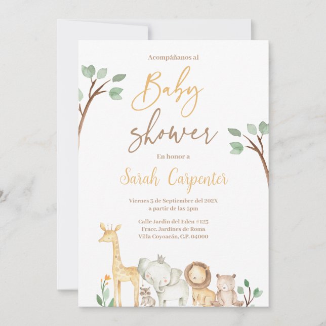Inbjudan till spanska Safari Baby Shower (Framsida)