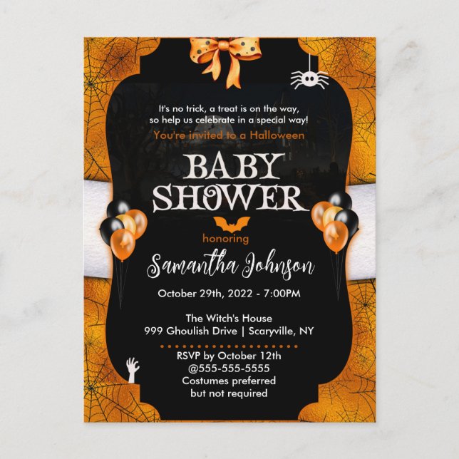 Inbjudan till spindelnätet Halloween Baby Shower Vykort (Framsida)
