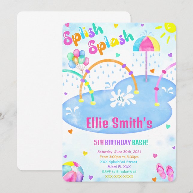 Inbjudan till Splash Pad-födelsedagsfest (Fram/baksida)