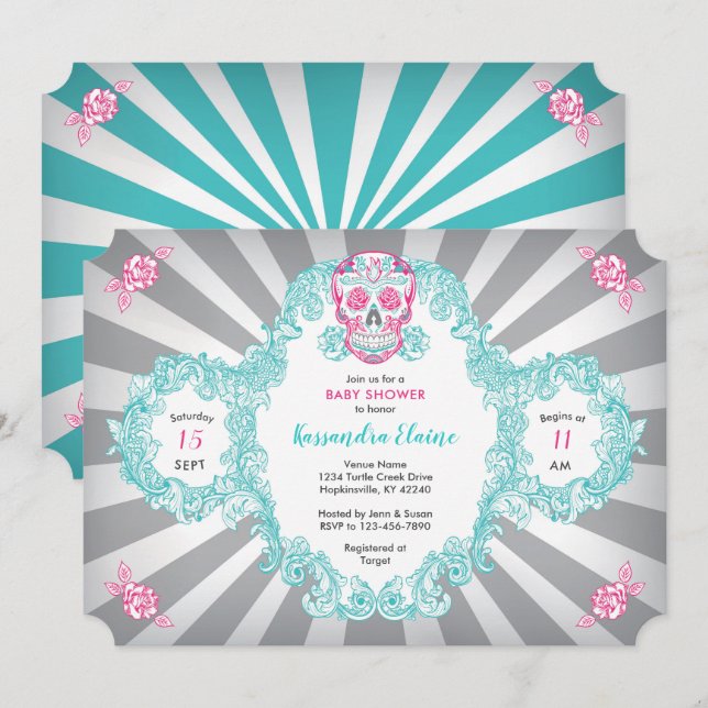 Inbjudan till Steampunk Skull Burst Baby Shower (Fram/baksida)