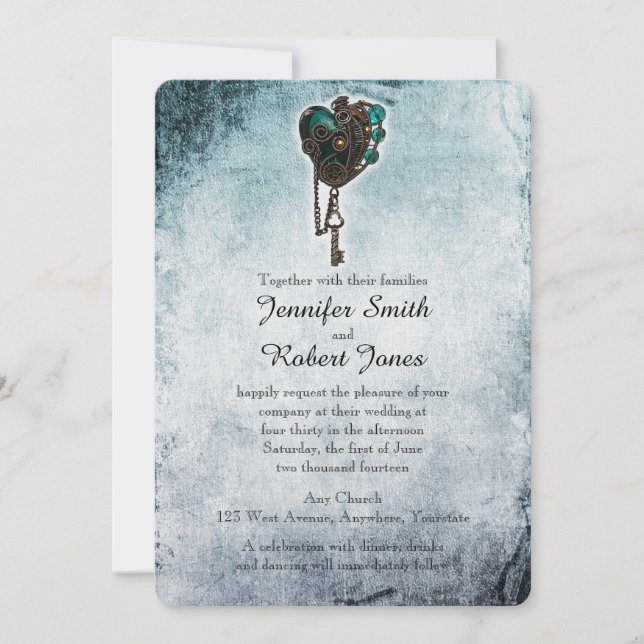Inbjudan till Steampunk Teal Heart Wedding (Framsida)