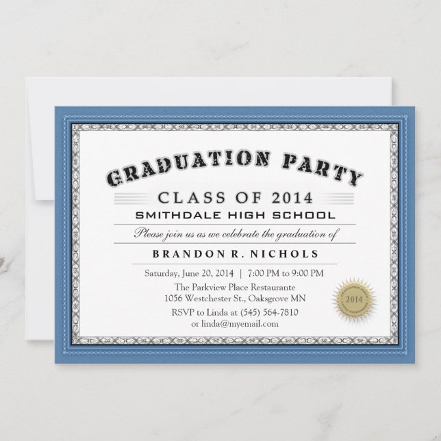 Inbjudan till Stil Grad-partiet Blue Gräns Diploma (Framsida)