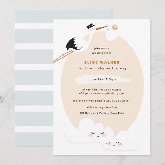 Inbjudan till Stork Baby Shower med moln (Fram/baksida)