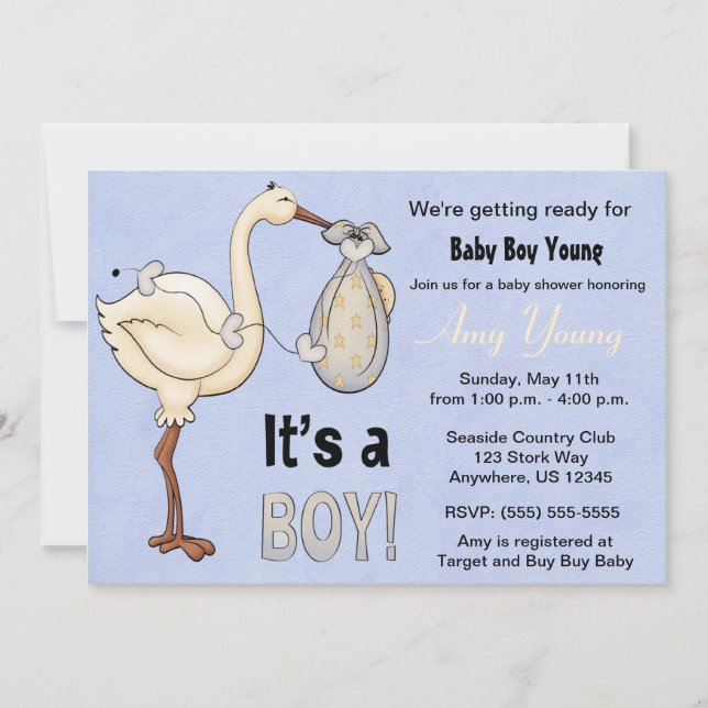 Inbjudan till Stork Blue Boy Baby Shower (Framsida)