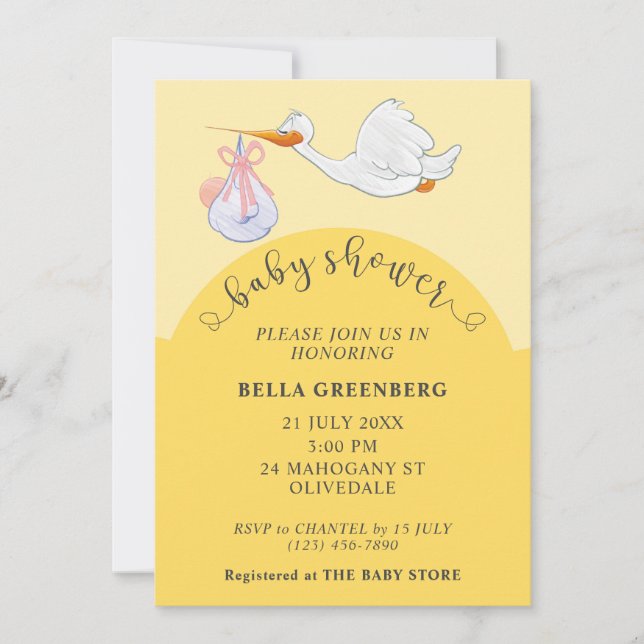 Inbjudan till stork för gult Baby Shower (Framsida)