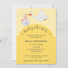 Inbjudan till stork för gult Baby Shower