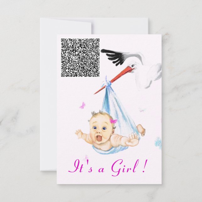 Inbjudan till stork och Flicka med QR-kod (Baksida)