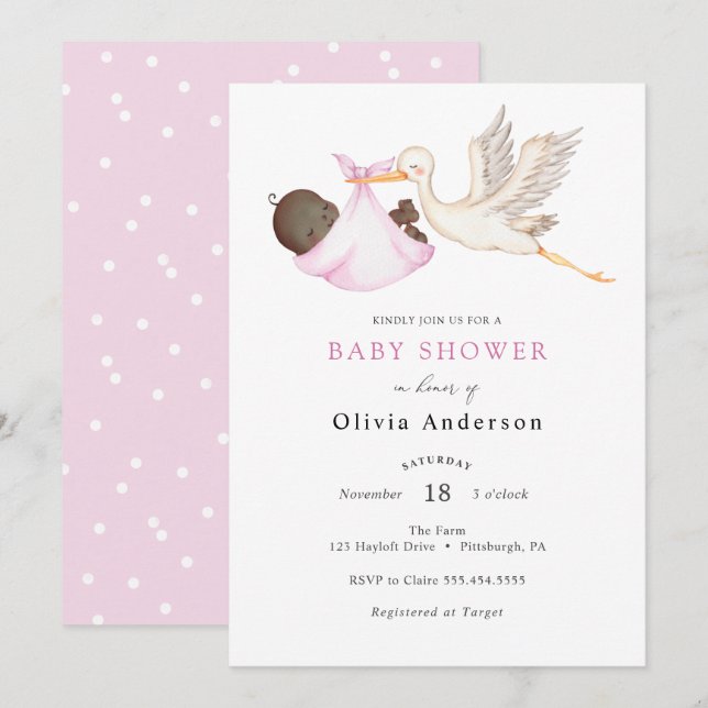 Inbjudan till Stork Rosa Baby Shower (Fram/baksida)