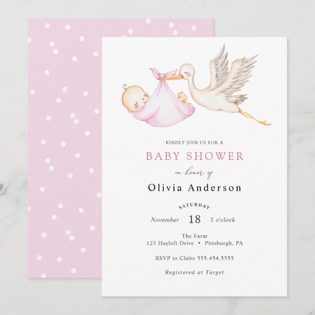 Inbjudan till Stork Rosa Baby Shower (Fram/baksida)