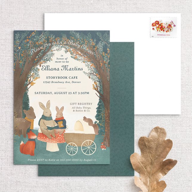 Inbjudan till Storybook Woodland Friends Baby Show (Woodland Storybook Baby Shower Invitation, front and back, along with envelope)