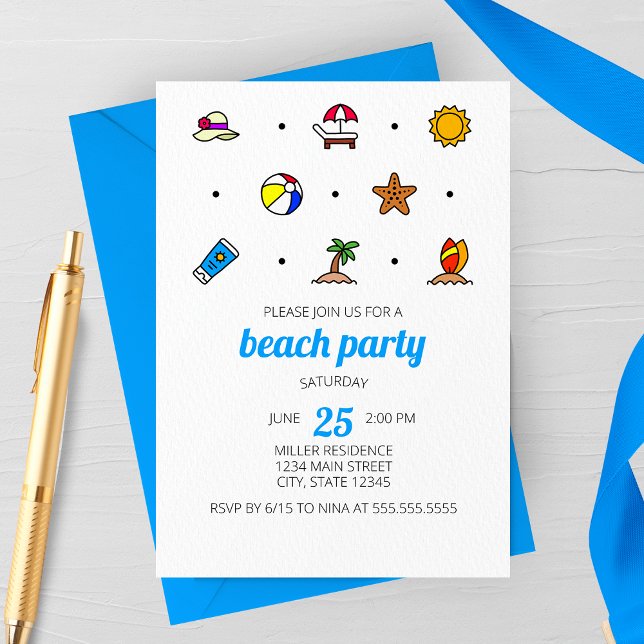 Inbjudan till strandfest (Minimalist Modern Beach Line Icons Beach Party Invitation)