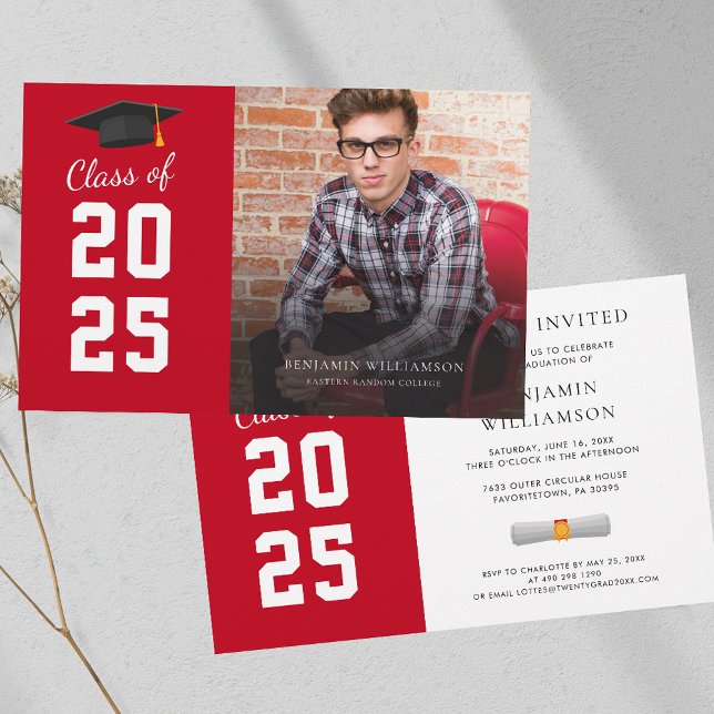 Inbjudan till studenten 2025-partiet Foto Red Whit (Graduation 2025 Party Red White Elegant Invitation)
