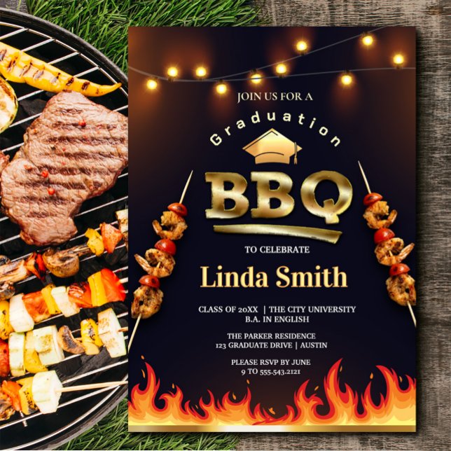 Inbjudan till Studenten BBQ-part | Flame & Skewer (Graduation BBQ Party Invitation | Flame & Skewer #zazzlemade #flamedesign #graduate2025 #partyfood)