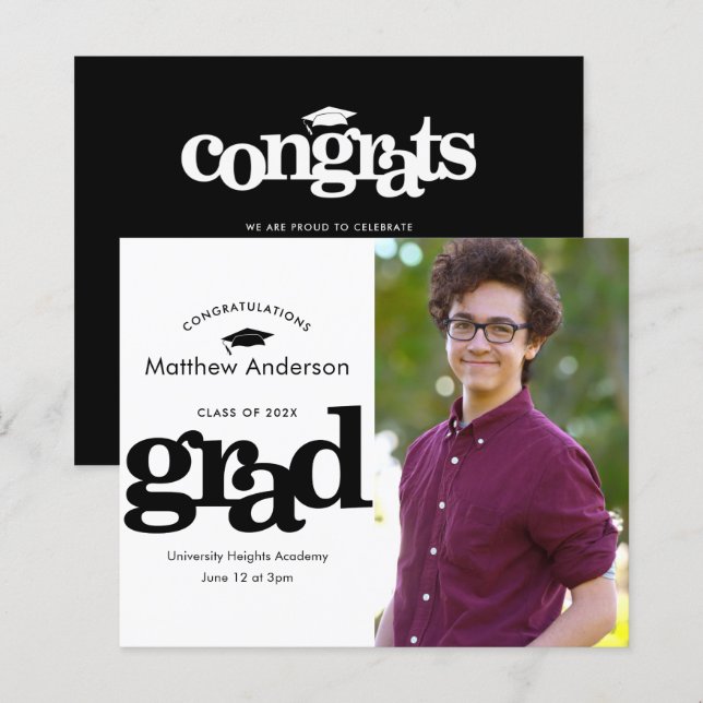 Inbjudan till studenten för svartvit budgetfoto (Fram/baksida)