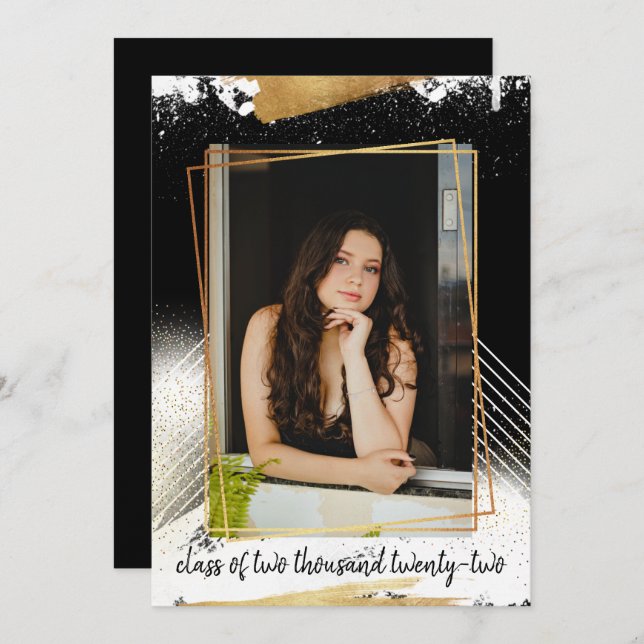 Inbjudan till Studenten i Cute Black & Guld (Fram/baksida)