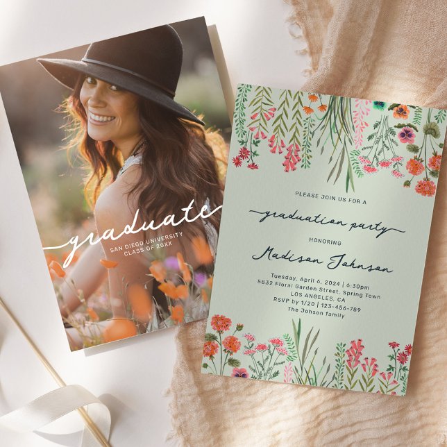 Inbjudan till Studentfest av färgstark Wildblomma (Colorful Wildflower Graduation Party Invitation)