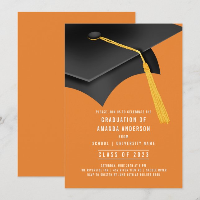 Inbjudan till Studentfest av Grad Cap-Orange (Fram/baksida)