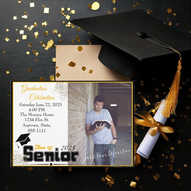 Inbjudan till studentfest av guld och svart foto (Skapare uppladdad)