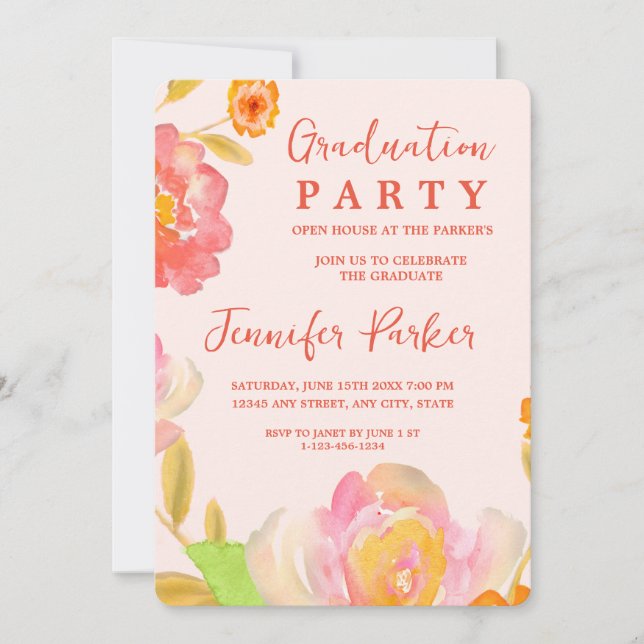 Inbjudan till Studentfest av söt Peach-Blommigt (Framsida)