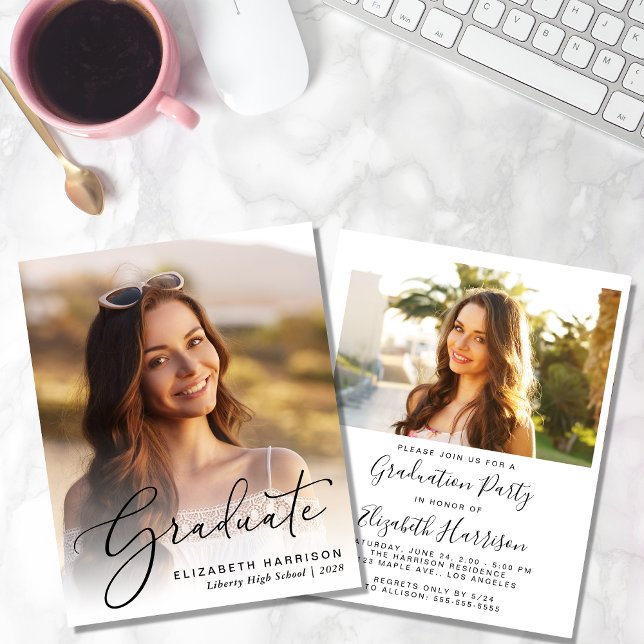 Inbjudan till Studentfest för budgetfotofoto för E (An elegant photo graduation party invitation to celebrate the graduate's achievements)