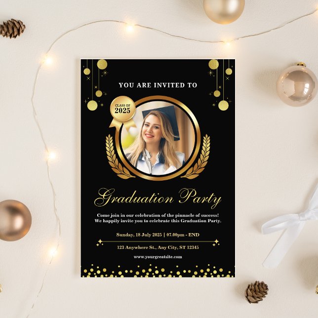Inbjudan till Studentfest för svartvitt och Guld-E (Black & Gold Elegant Graduation Party Invitation)