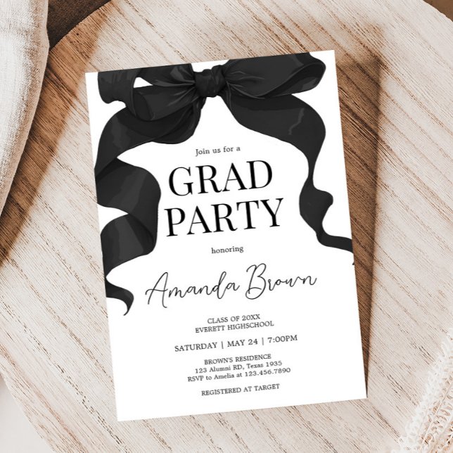 Inbjudan till Studentfest i svart fält (Black Bow Minimalist Graduation Party Invitation)