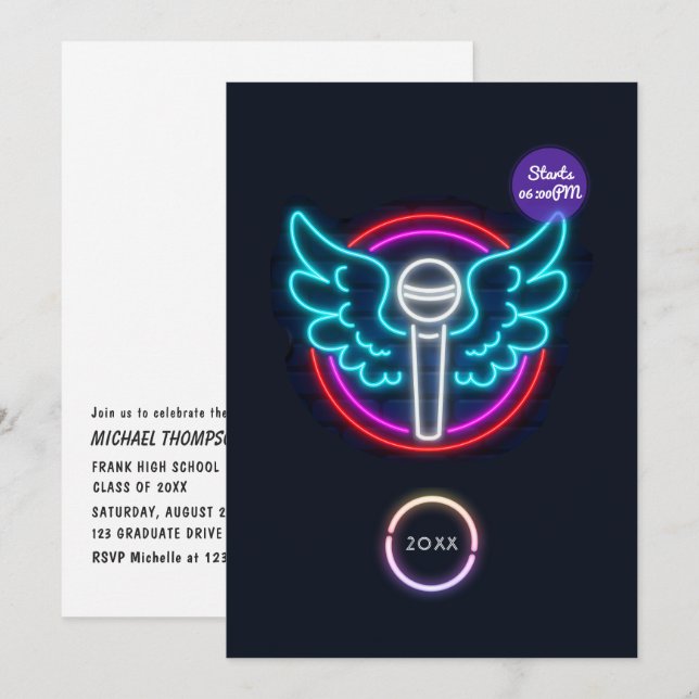 Inbjudan till Studentfest via neon-mikrofon (Fram/baksida)