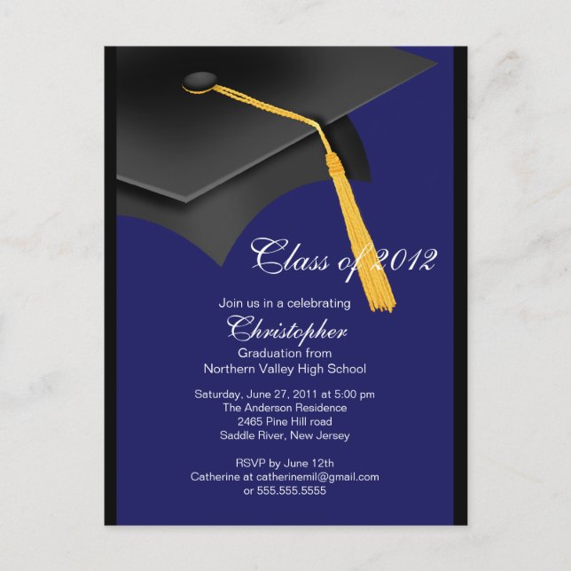 Inbjudan till Studentfesten Black Blue Grad Cap Vykort (Framsida)