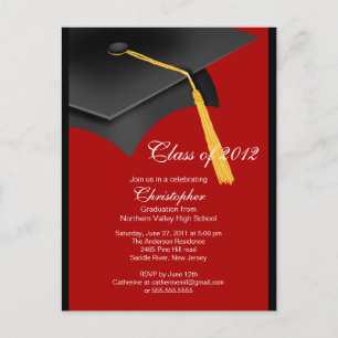 Inbjudan till Studentfesten Black Red Grad Cap Vykort