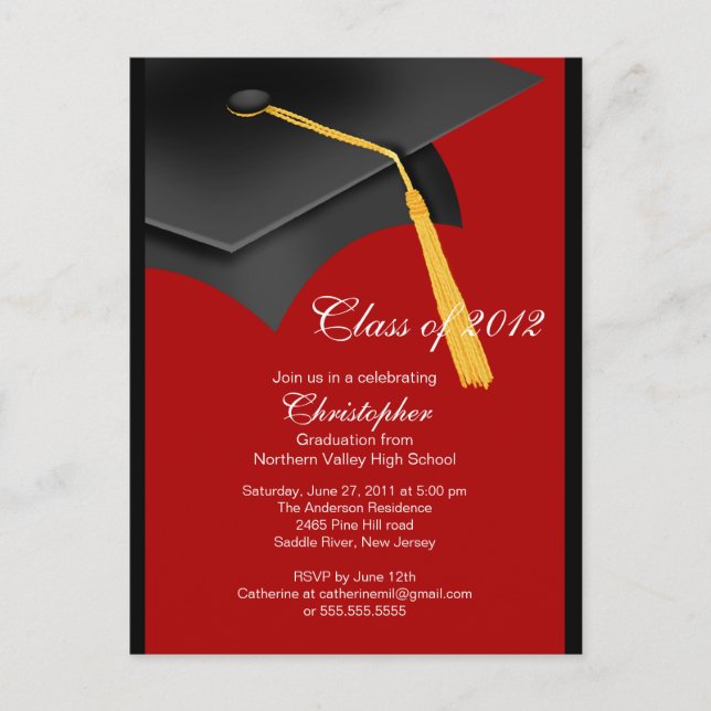 Inbjudan till Studentfesten Black Red Grad Cap Vykort (Framsida)