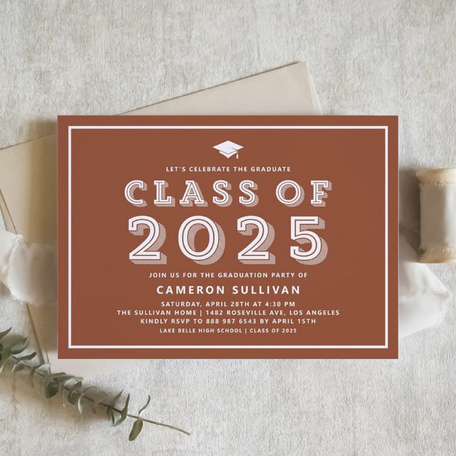 Inbjudan till Studentfesten Blue Retro Typography (Boho Terracotta Class of 2025 Retro Graduation Invitation)